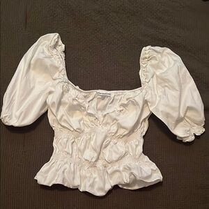 Norma Kamali White Puff Sleeve Blouse with Ruched Details